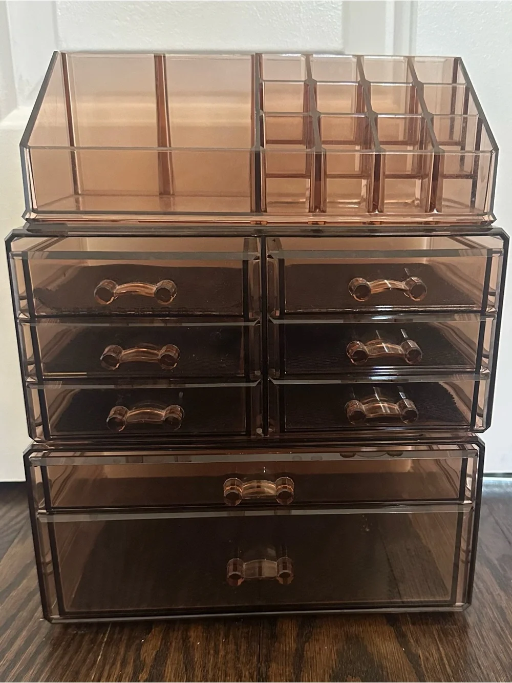 Three Piece Set Acrylic Cosmetic Organizer Storage Drawers - Brown